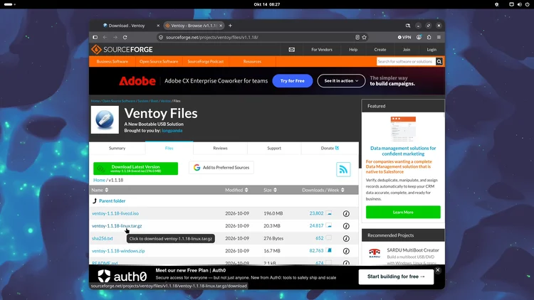The Ventoy download page listing the files, with the pointer on ventoy-1.1.18-linux.tar.gz and the tooltip "Click to download".