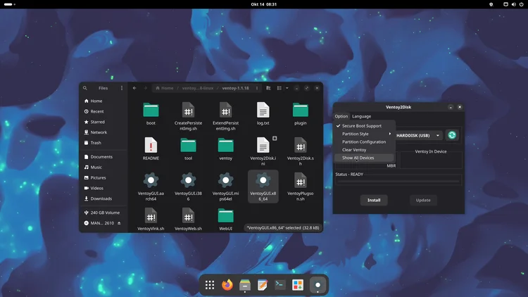 The Ventoy2Disk window with the Option menu open and Show All Devices highlighted.