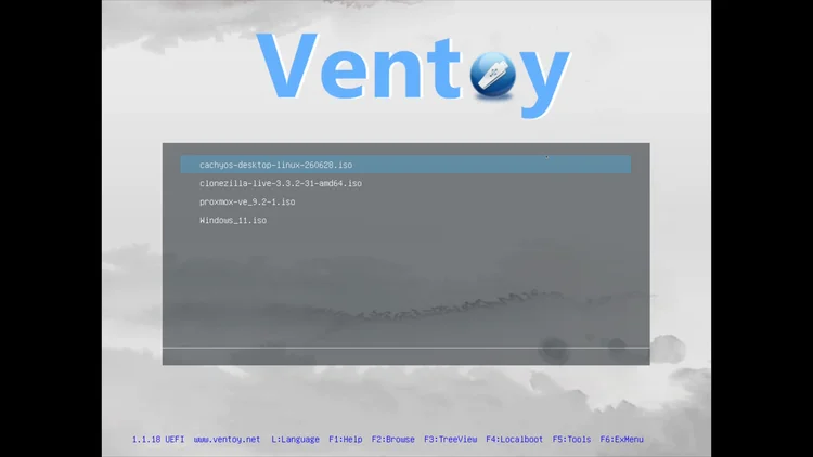 The Ventoy boot menu listing the cachyos, clonezilla, proxmox and windows 11 ISO files.