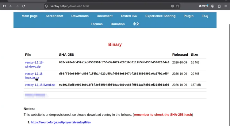 The ventoy.net download page with the Binary table and the pointer on the linux.tar.gz file.
