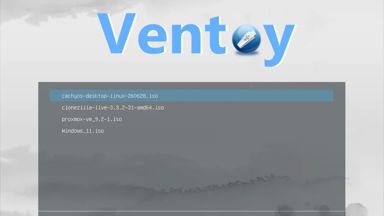The Ventoy boot menu listing the cachyos, clonezilla, proxmox and Windows 11 ISO files.