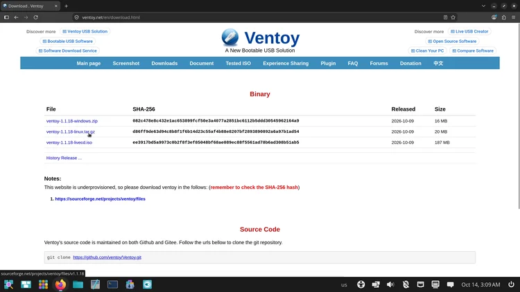 The ventoy.net download page with the Binary table and the pointer on the linux.tar.gz file.
