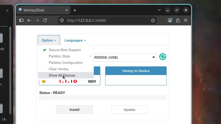 The Ventoy page in the browser with the Option menu open and Show All Devices highlighted.