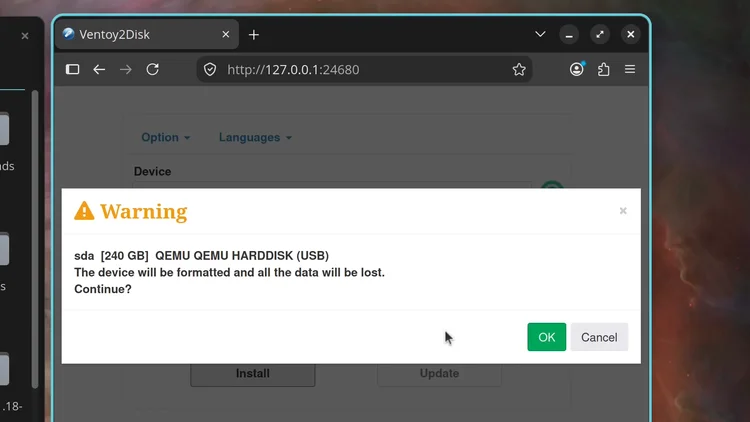 The Ventoy warning that the device will be formatted and all the data will be lost, with OK and Cancel.