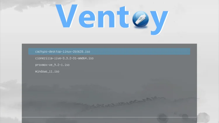 The Ventoy boot menu listing the cachyos, clonezilla, proxmox and Windows 11 ISO files.