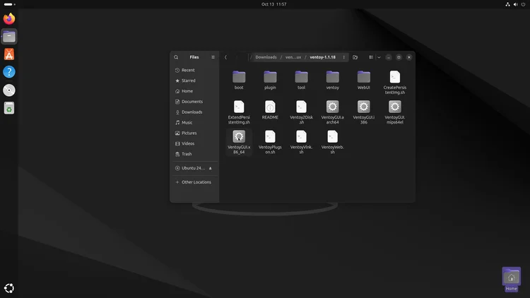 The Files app showing the extracted Ventoy folder with the VentoyGUI.x86_64 file selected.
