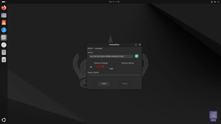 The Ventoy2Disk window with a 240 GB drive selected in the Device menu and the Install and Update buttons below.