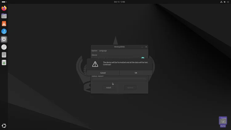 A Ventoy2Disk warning dialog saying the device will be formatted and all the data will be lost, with Cancel and OK buttons.