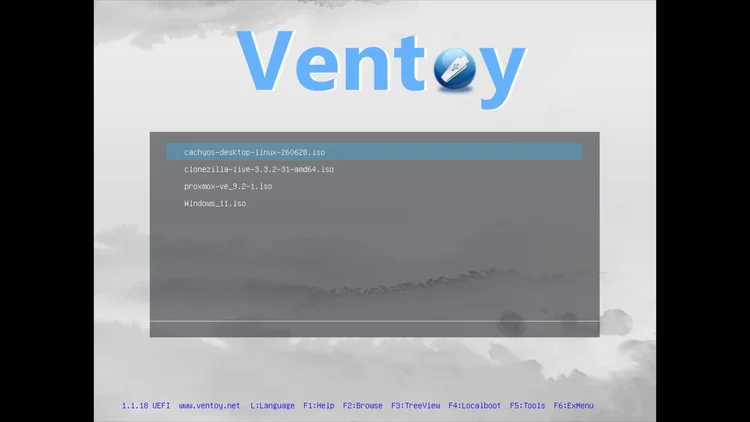 The Ventoy boot menu listing cachyos-desktop-linux-260628.iso, clonezilla-live-3.3.2-31-amd64.iso, proxmox-ve_9.2-1.iso and Windows_11.iso.