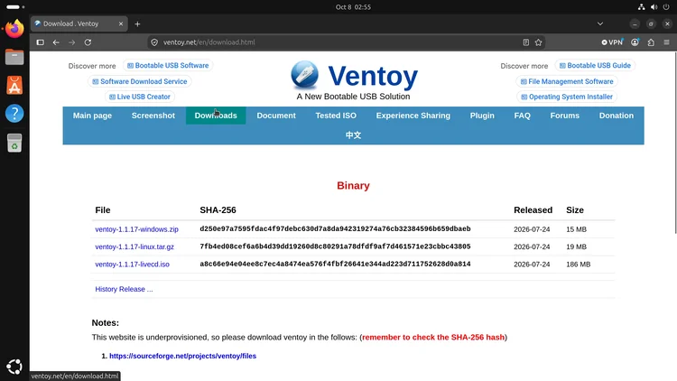 ventoy.net Downloads page listing ventoy-1.1.17-windows.zip, ventoy-1.1.17-linux.tar.gz and ventoy-1.1.17-livecd.iso.