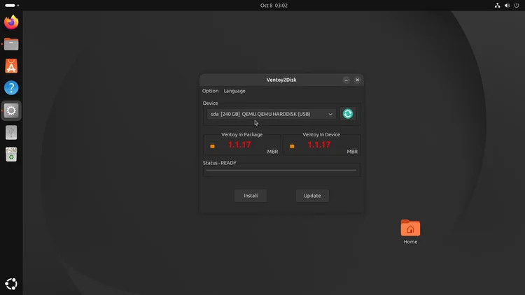 Ventoy2Disk window with a 240 GB external drive selected in the Device menu, Ventoy 1.1.17 shown, and Install and Update buttons below.