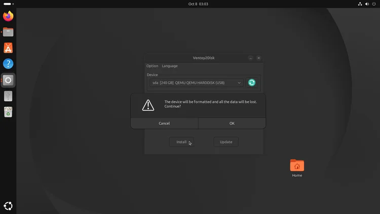 Ventoy2Disk warning dialog saying the device will be formatted and all data will be lost, with Cancel and OK buttons.