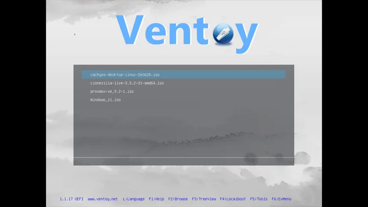 Ventoy boot menu listing cachyos-desktop-linux-260628.iso, clonezilla-live-3.3.2-31-amd64.iso, proxmox-ve_9.2-1.iso and Windows_11.iso.