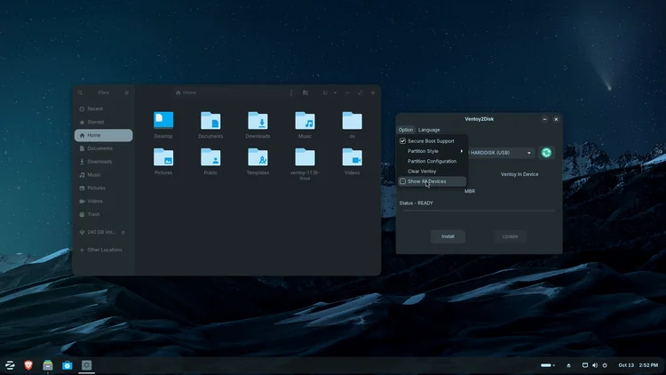 The Ventoy2Disk window with the Option menu open and Show All Devices highlighted.