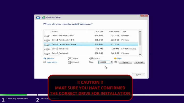 Custom install screen showing the target drive selected and unallocated space ready to apply for the new partition.