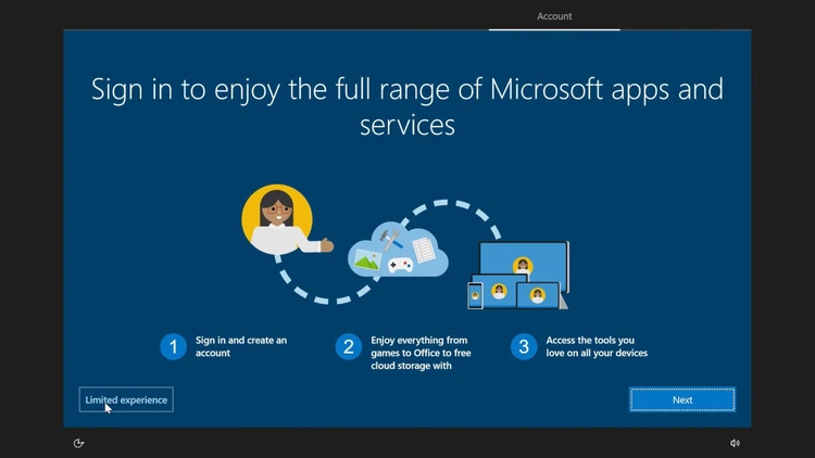 Windows Setup account screen with the Limited experience option selected to bypass Microsoft sign-in.
