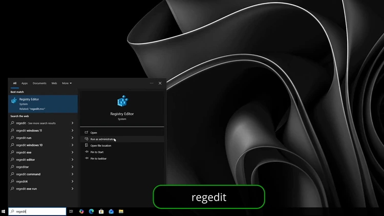 Windows search results showing Registry Editor with Run as administrator highlighted before launching regedit.