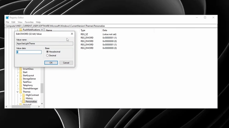 Registry Editor showing the AppsUseLightTheme DWORD edit dialog inside the Personalize key, ready to change the value from 1 to 0.