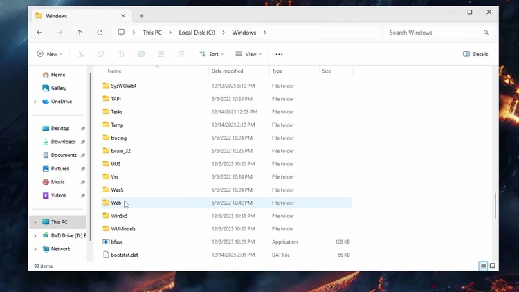 File Explorer showing the Web folder highlighted inside the C drive's Windows directory, ready to be opened.