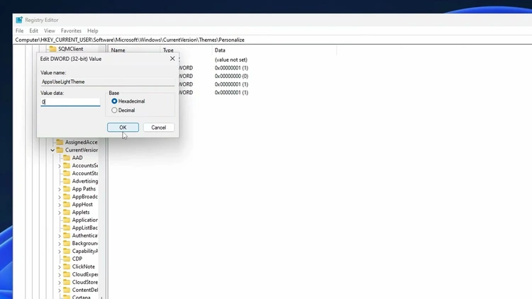 Registry Editor's Edit DWORD Value dialog for AppsUseLightTheme, with its value data set to 0 to enable dark mode.