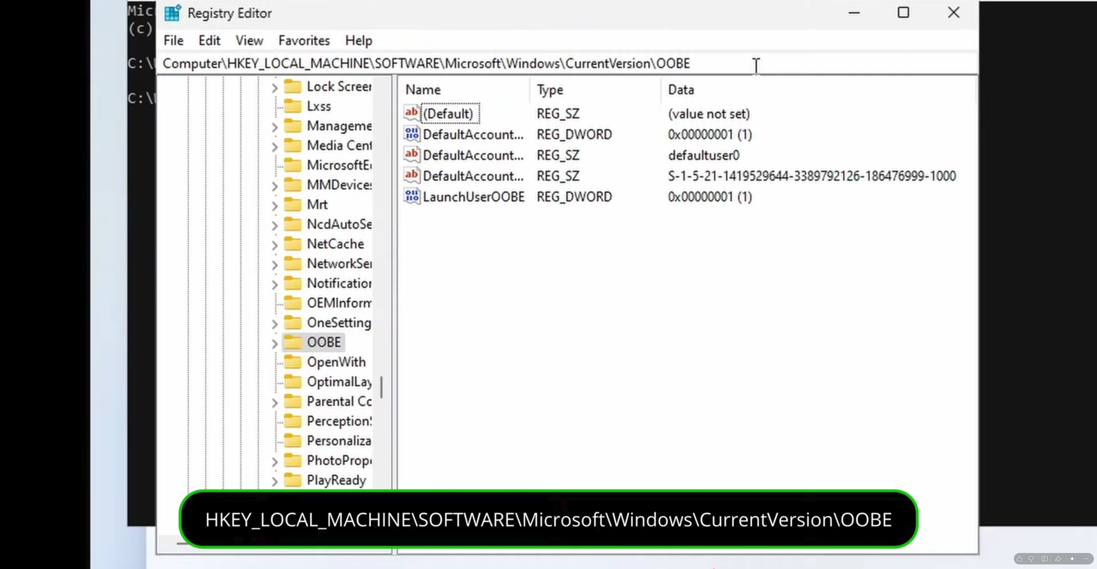 Registry editor showing the OOBE key path