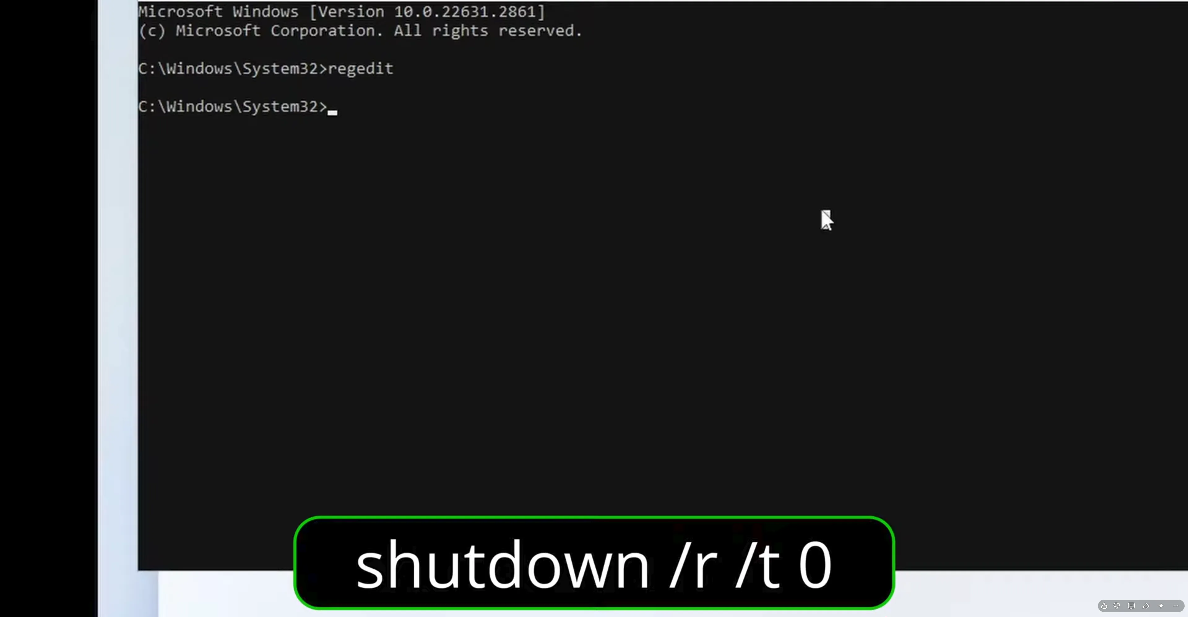 Shutdown command typed in the setup command prompt